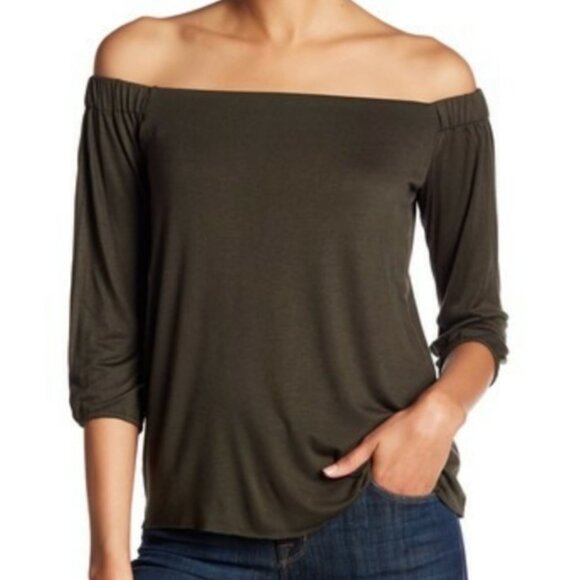 BAILEY 44 ANTHROPOLOGIE ANTHRO Off the Shoulder 3/4 Sleeve Shirt Olive Green Top - Picture 4 of 15
